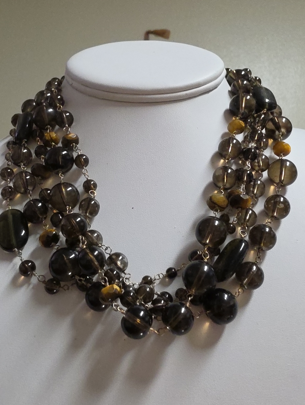 Vintage Chunky Smoky Quartz & Tiger's Eye Multi-Chain Beaded Necklace